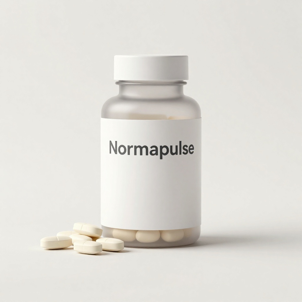 Normapulse supliment natural în cutie elegantă albă cu etichetă violet, conținând 60 de capsule pentru susținerea tensiunii arteriale și sănătății cardiovasculare, formulat cu extracte vegetale naturale pentru menținerea echilibrului cardiovascular pe fundal neutru